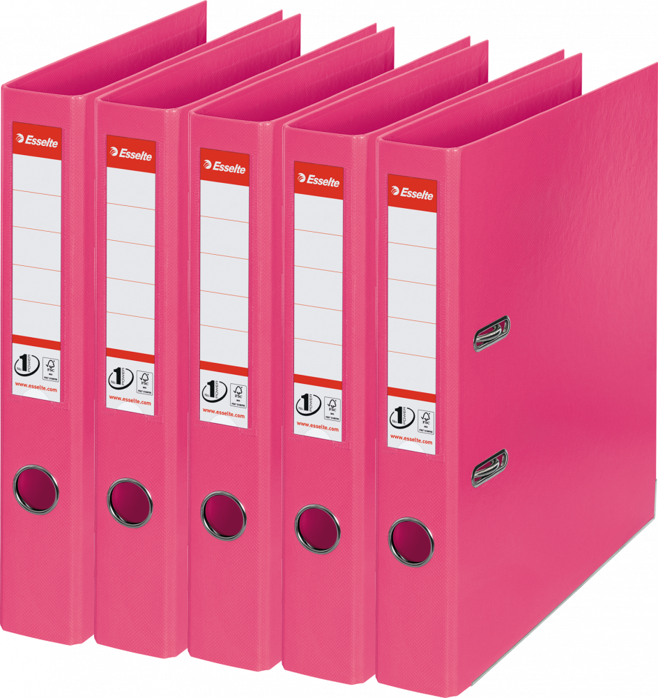 5x Segregator A4 Esselte No.1 Power, 50mm, do 350 kartek, 30% PP z recyklingu, fuksja