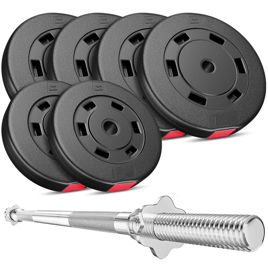 Set d’haltères en plastique 59 kg avec barre de musculation longue