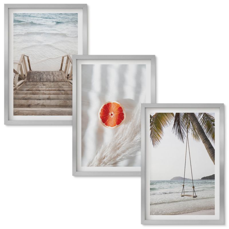 Obrazy do Salonu Wallfluent Plaża drewniane schody wakacje Srebrna rama 40x60 cm 3 szt.