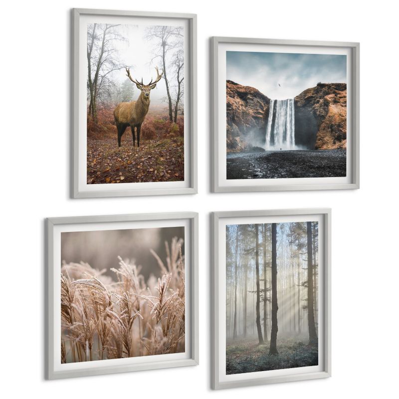 Zestaw Obrazów 4 Częściowy ArtPrintCave (2x50x50+2x40x60cm) Srebrna rama Leśne krajobrazy dzikiej natury 1 kpl.