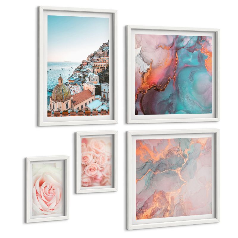 Pięcioczęściowy Zestaw Obrazów ArtPrintCave (2x50x50+2x20x30+40x60cm) Biała rama Abstrakcyjne pastelowe wzory 1 kpl.