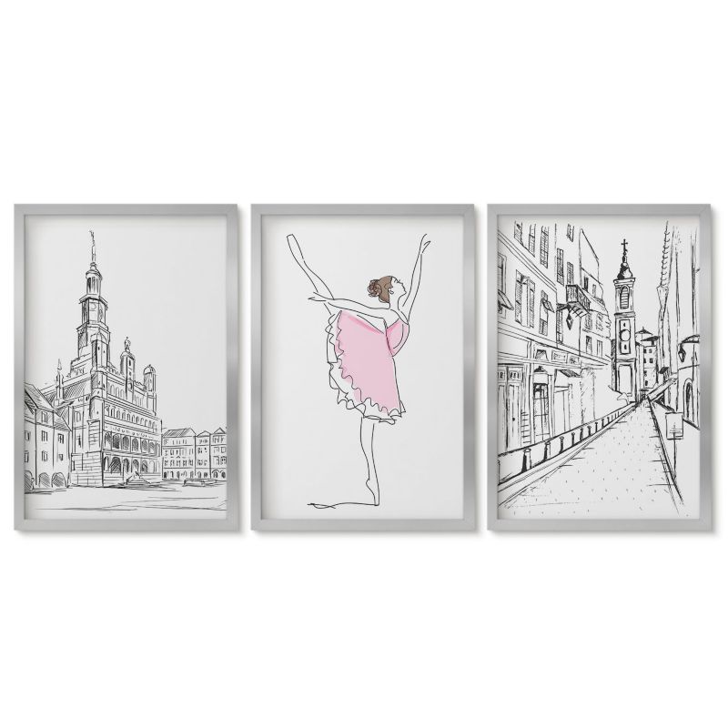 Trzy obrazy w srebrnej ramie zestaw Tulup 40x60 cm Stylowe baletnice i architektura Galeria ścienna 1 kpl