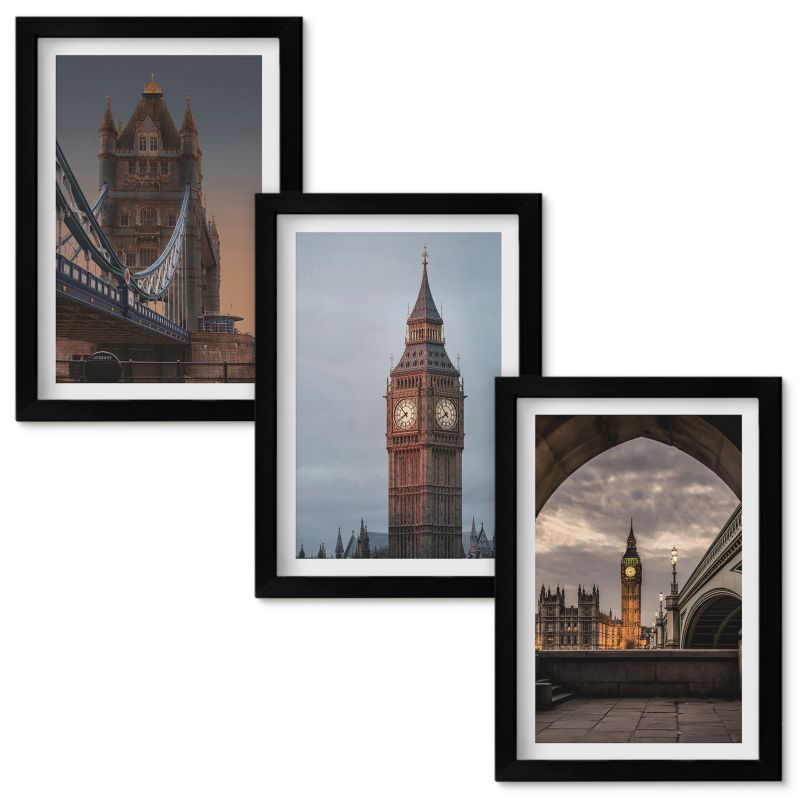 Tryptyk w Ramie Wallfluent Londyn most zegar Big Ben Czarna rama 20x30cm 3 szt.