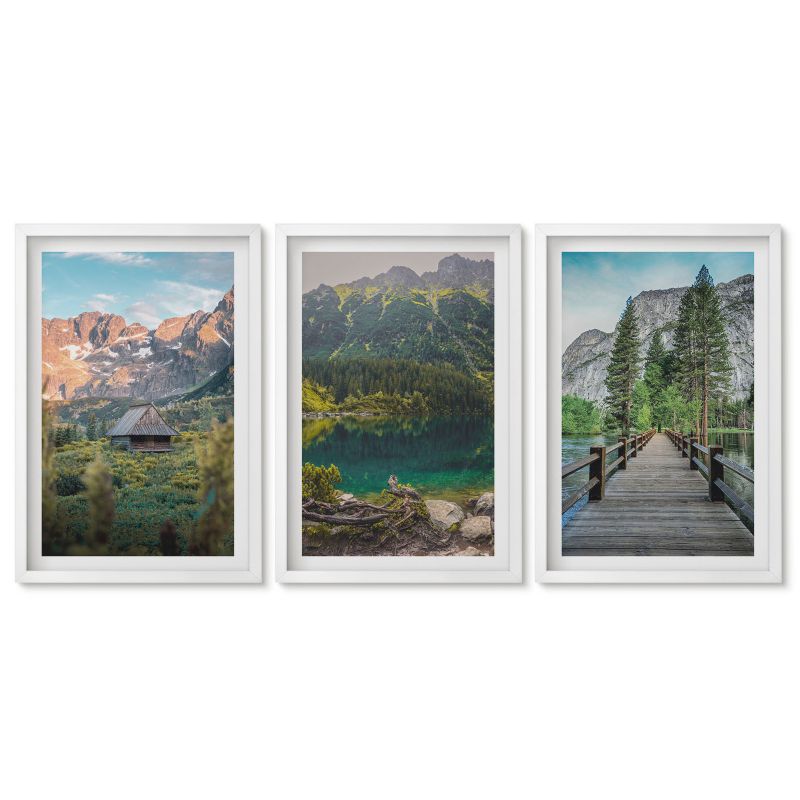 Zestaw 3 obrazów w białej ramie Tulup 40x60 cm Górski krajobraz jezioro pomost Dekoracja ścienna do przedpokoju 1 kpl