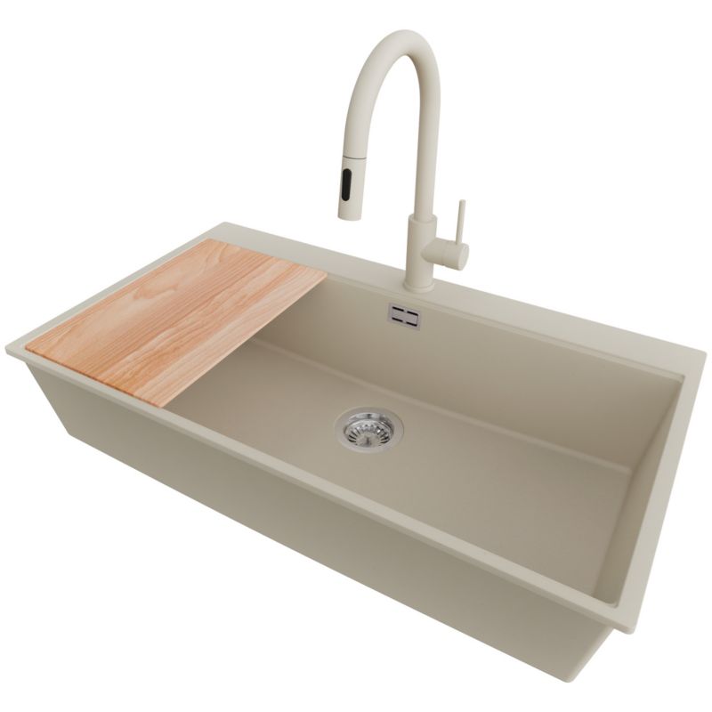Zlewozmywak Granitowy Oslo 90 Top PRIMAGRAN Nablatowy 88x50cm do Szafki od 90cm, Beżowy + Bateria + Syfon + Deska, S729, 1 szt.