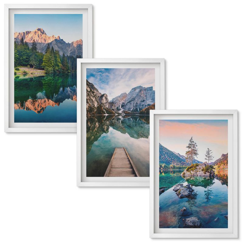 Tryptyk w Ramie Wallfluent Górskie jeziora odbicie las Biała rama 40x60 cm 3 szt.