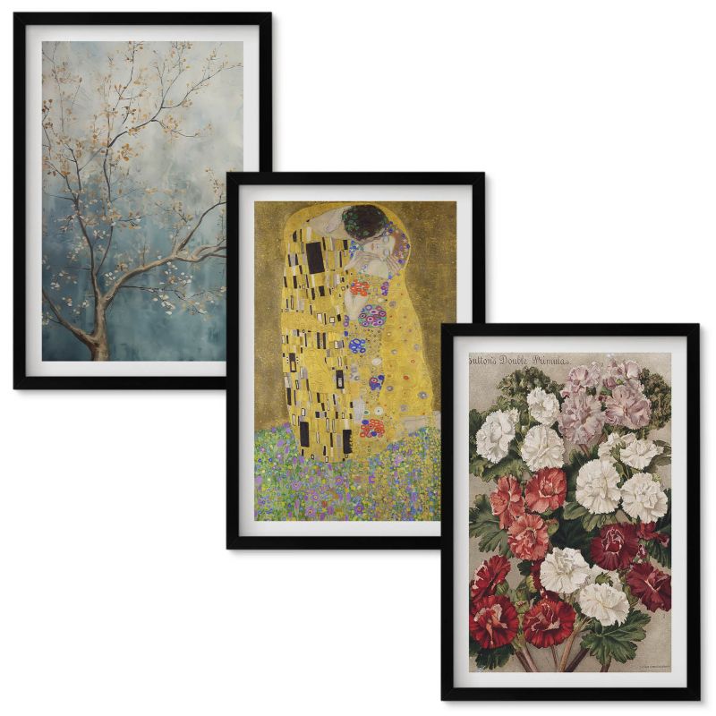 Obrazy Do Sypialni Wallfluent Kwiaty drzewa malarstwo Klimt Czarna rama 40x60 cm 3 szt.