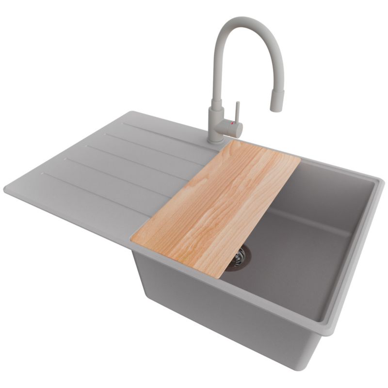 Zlewozmywak Granitowy Kopenhaga Top PRIMAGRAN Nablatowy 78x50cm do Szafki od 50cm, Szary + Bateria + Syfon + Deska, S557, 1 szt.