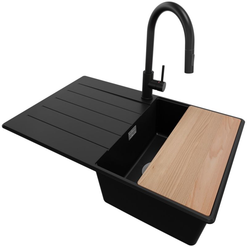 Zlewozmywak Granitowy Kopenhaga Top PRIMAGRAN Nablatowy 78x50cm do Szafki od 45cm, Czarny + Bateria + Syfon + Deska, S357, 1 szt.