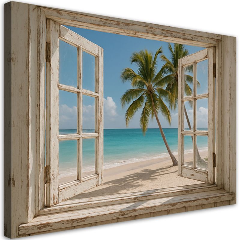 Obraz do salonu sypialni Feeby Widok z okna na plażę palmy Shabby Chic 60x40cm 1szt