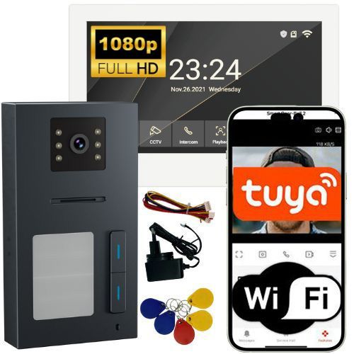 Wideomofon Sone 2-przewodowy WiFi 7" Tuya 1080p IP65 dwurodzinny RFID 1 szt.
