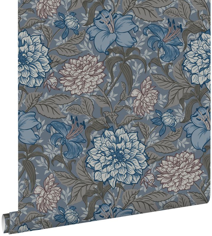Tapeta ESTAhome zabytkowe kwiaty szaro-niebieskimIciepłej szarości 53 cm x 10.05 m - 1 rol.