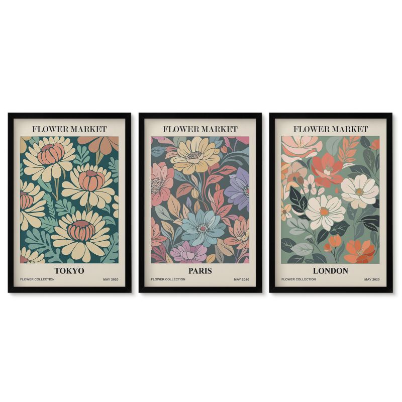 Obrazy w czarnej ramie Tulup 40x60 cm Postery kwiatowe Tokio Paryż Londyn Dekoracja ścienna do przedpokoju 1 kpl