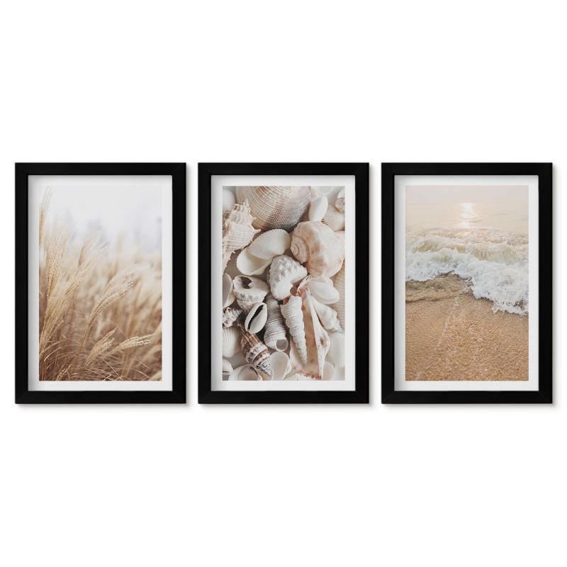 Zestaw 3 obrazów w czarnej ramie Tulup 20x30 cm Plażowe motywy muszle fale Dekoracja ścienna do przedpokoju 1 kpl