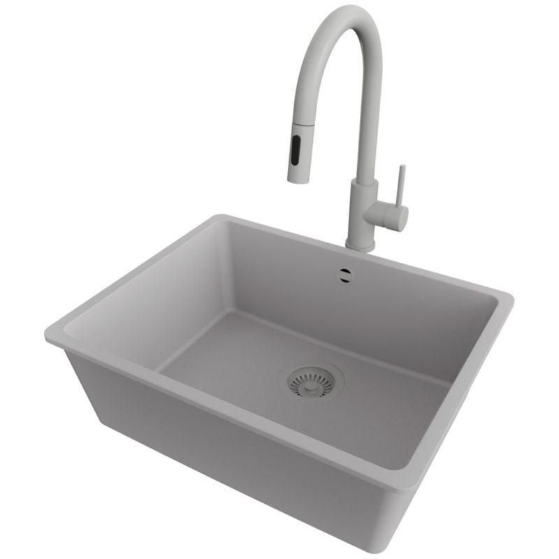 Zlewozmywak podblatowy Wenecja Easy PRIMAGRAN 56x44cm do Szafki od 60cm, Cały Szary + Bateria 40x20cm + Syfon, S084, 1 szt.