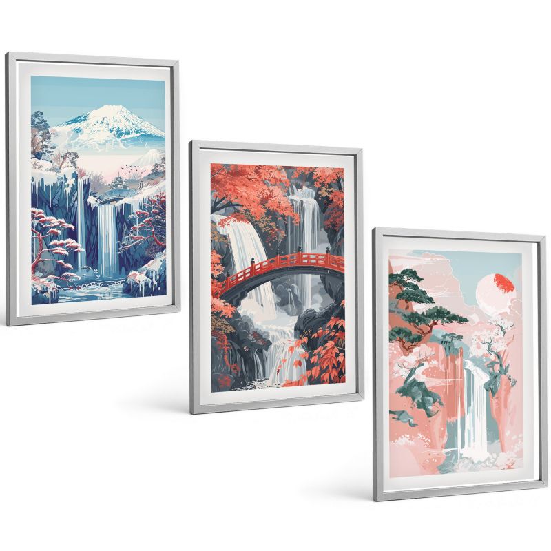 Trzyczęściowy Zestaw Obrazów ArtPrintCave 40x60 cm Srebrna rama Wodospady góry most drzewa 1 kpl.