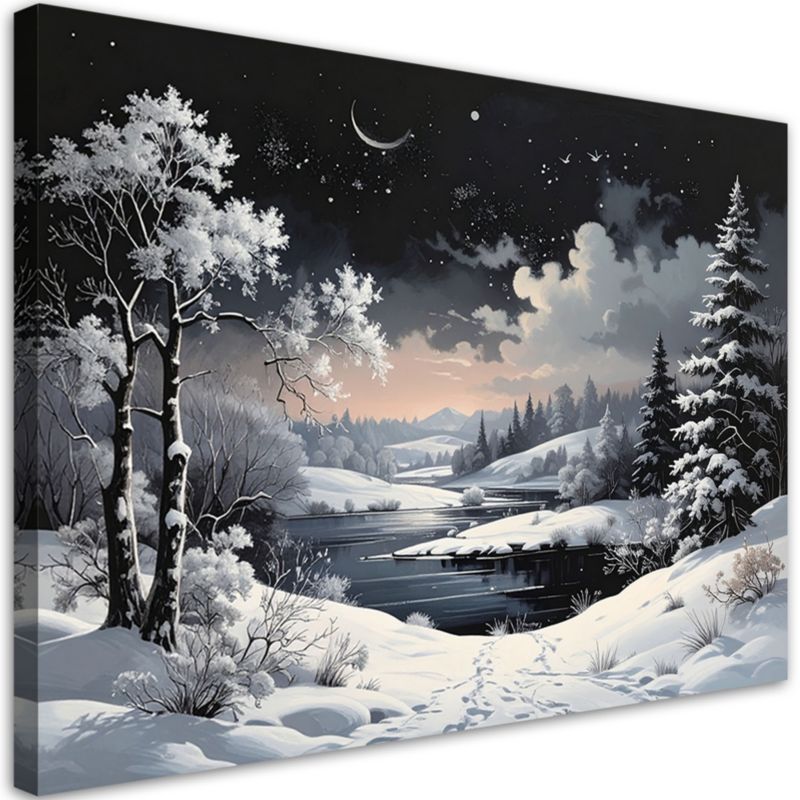 Obraz do salonu sypialni biura Feeby Pejzaż zimowy śnieg noc drzewa rzeka 60x40cm 1szt
