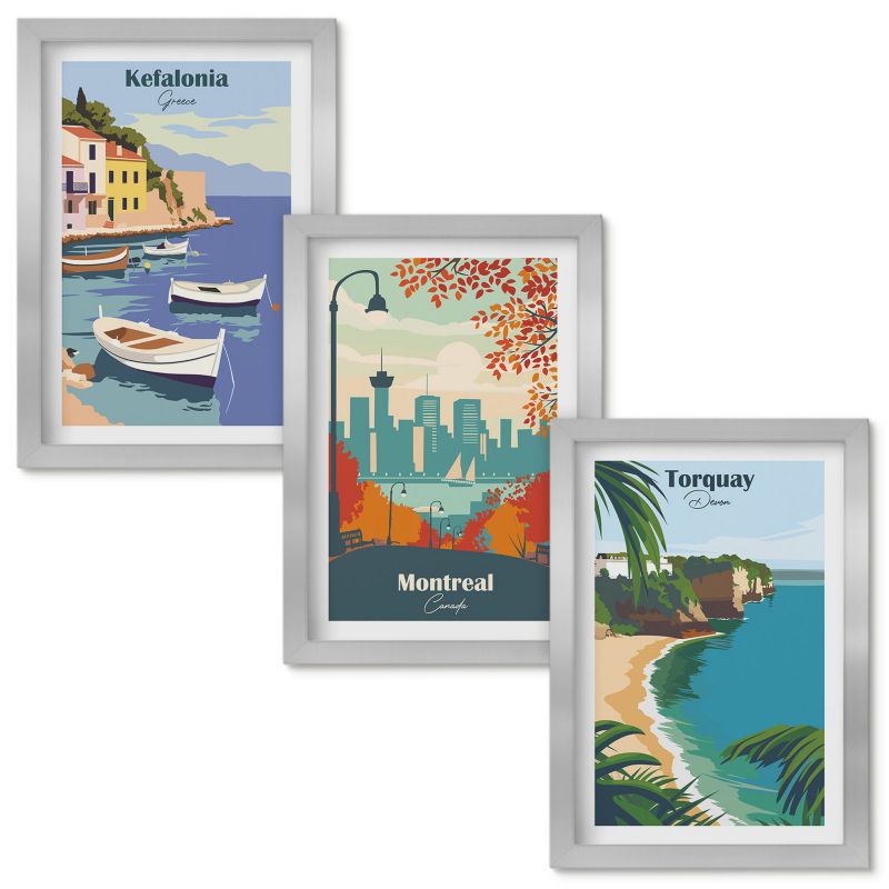 Zestaw obrazów Wallfluent Widoki miast z Grecji Kanady Australii Srebrna rama 20x30cm 3 szt.