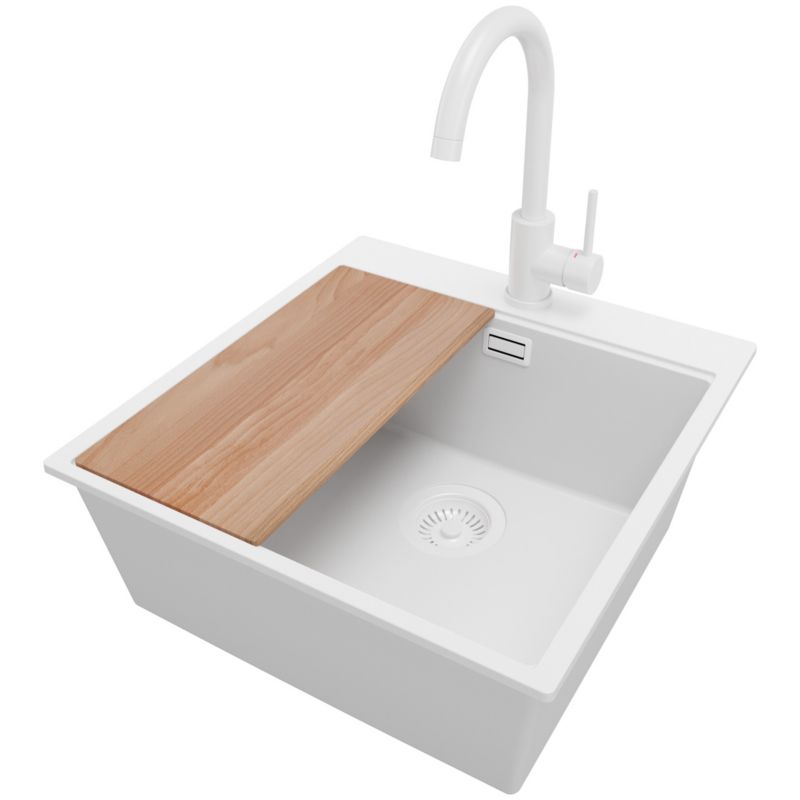 Zlewozmywak Granitowy Oslo Top PRIMAGRAN Nablatowy 48x50cm do Szafki od 50cm, Cały Biały + Bateria + Syfon + Deska, S306, 1 szt.