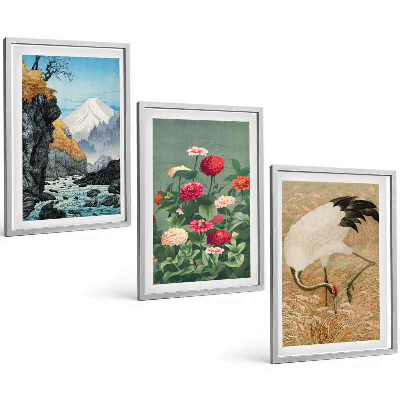 Zestaw 3 Obrazów w Srebrnej Ramie ArtPrintCave 40x60 cm Galeria Ścienna Góry krajobraz rzeka kwiaty żurawie 1 kpl.