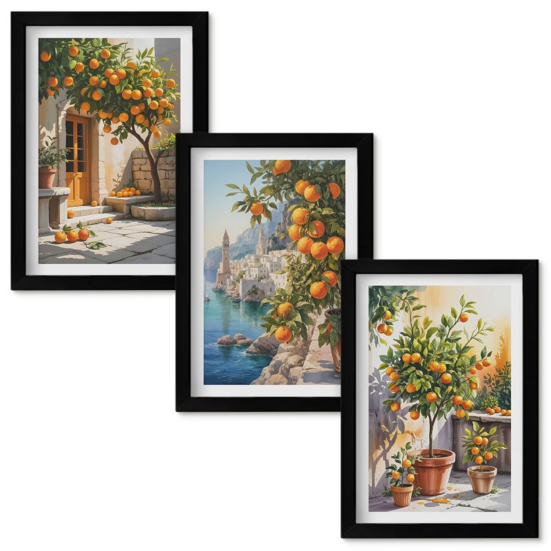 Set Obrazów w Ramie Wallfluent Malowane cytrusy krajobrazy Czarna rama 20x30cm 3 szt.