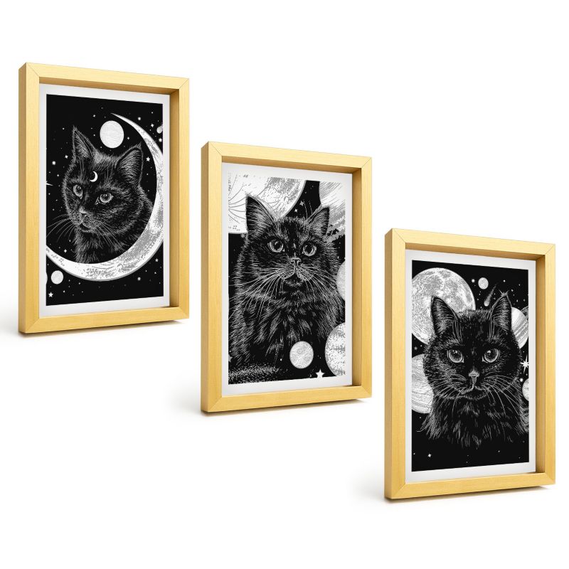 Zestaw Obrazów 3 Częściowy ArtPrintCave Złote Ramki 20x30 cm Dekoracja do Sypialni Czarne koty księżyc kosmos 1 kpl.