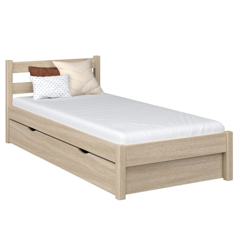 Dębowe łóżko N-WOOD pojedyncze z szufladą N01 dąb bielony 100x200 1szt.