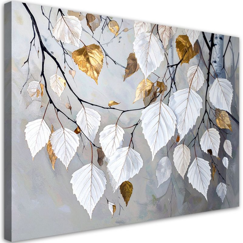 Obraz do salonu sypialni kuchni biura Feeby Liście brzozy biało szare 45x30cm 1szt