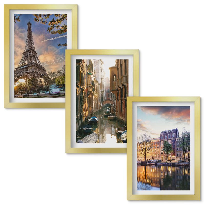 Tryptyk w Ramie Wallfluent Wieża Eiffla kanały Wenecji Amsterdam Złota rama 20x30cm 3 szt.