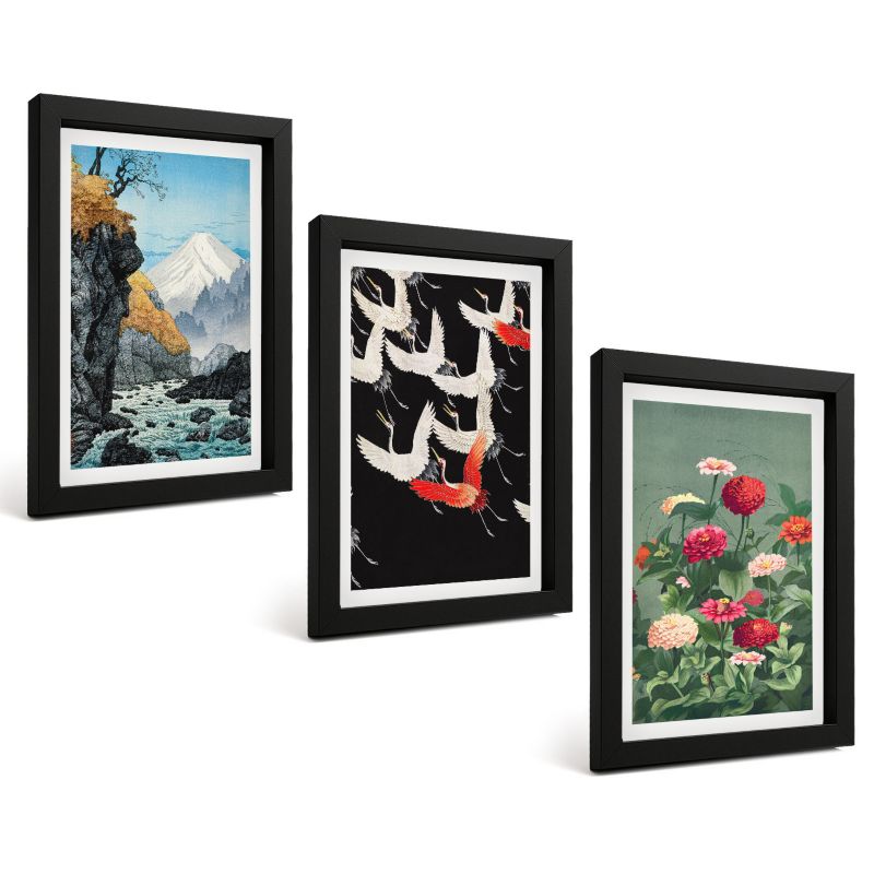Galeria 3 Obrazów w Czarnej Ramie ArtPrintCave 20x30 cm Komplet ścienny Góry wodospad ptaki kwiaty 1 kpl.