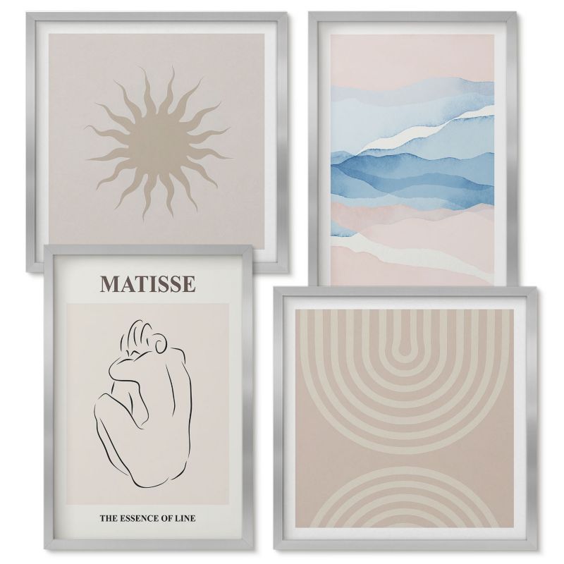 Zestaw obrazów Wallfluent Linie fale pastel minimalistyczne Srebrna rama 4 szt.