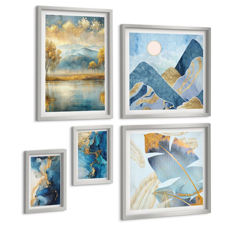 Zestaw Obrazów 5 Częściowy ArtPrintCave (2x50x50+2x20x30+40x60cm) Srebrna rama Niebieskie góry złoto wzory 1 kpl.