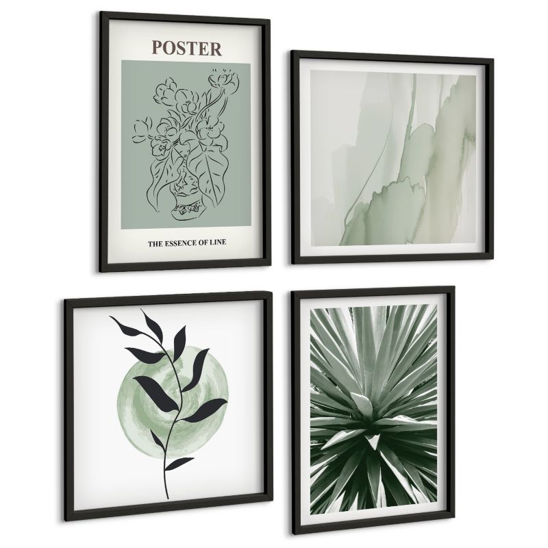 Zestaw Obrazów 4 Częściowy ArtPrintCave (2x50x50+2x40x60cm) Czarna rama Roślinne wzory zieleni beżu 1 kpl.