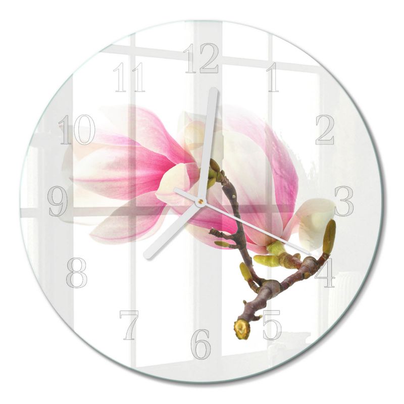 Zegar Ścienny Bez Tykania Tulup fi30 cm z Białymi Wskazówkami Kwiat Magnolii 1 szt.