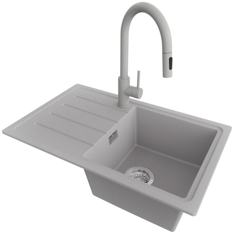 Zlewozmywak Granitowy Kopenhaga Easy PRIMAGRAN Nablatowy 70x44cm do Szafki od 45cm, Szary + Bateria 40x20cm + Syfon, S057, 1 szt.