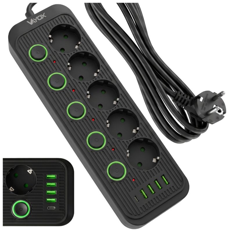 Listwa zasilająca Vayox 5 gniazd 10A z wyłącznikami 4x USB-A 1x USB-C 2.1A 3m czarny VA0473B-3 1 szt.