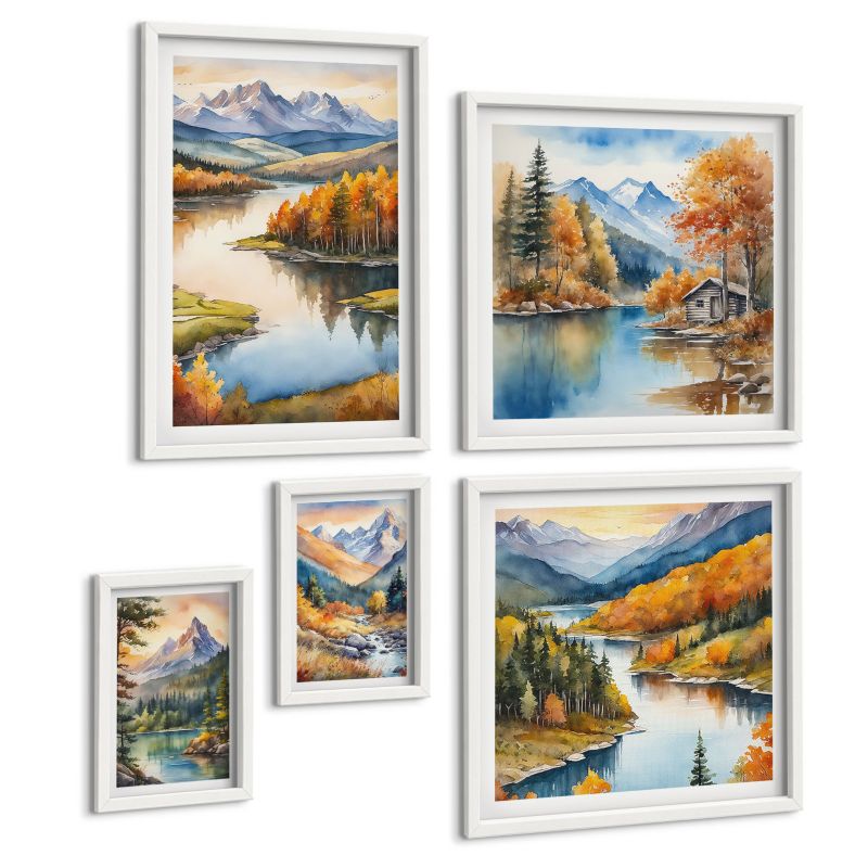 Zestaw 5 Obrazów ArtPrintCave (2x50x50+2x20x30+40x60cm) Biała rama Górski krajobraz z rzeką 1 kpl.