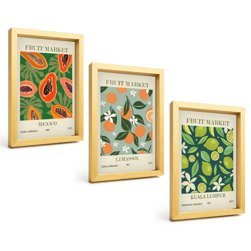 Komplet 3 Obrazów w Złotej Ramie ArtPrintCave 20x30 cm Grafika Ścienna Owocowe vintage postery 1 kpl.