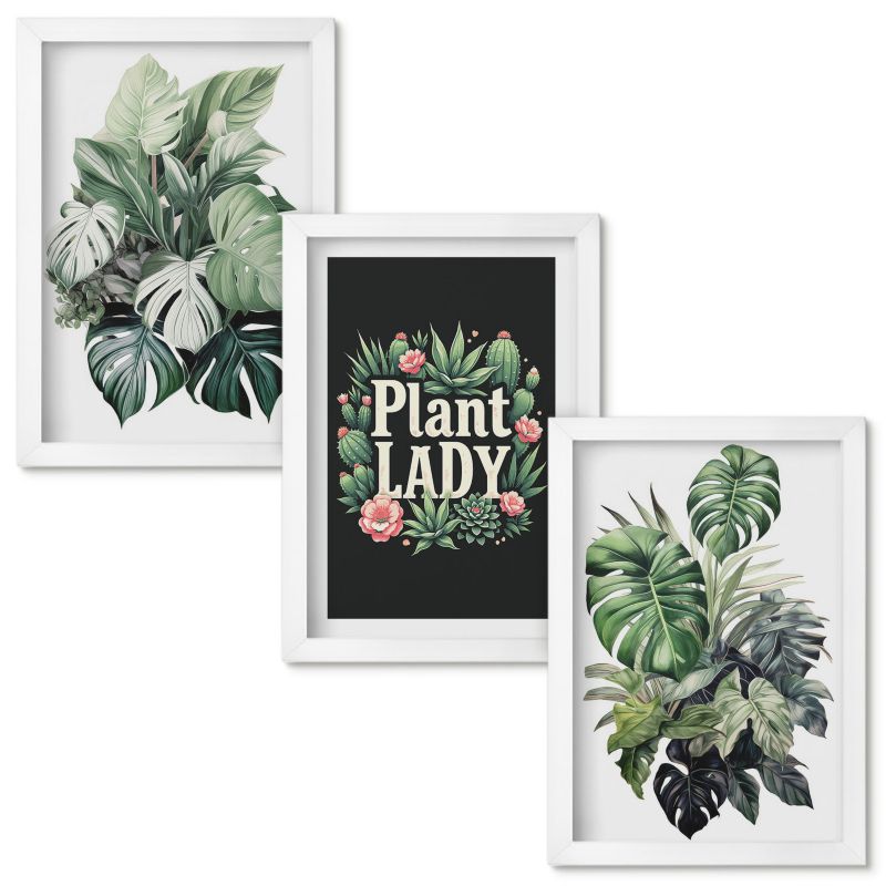 Obrazy Do Sypialni Wallfluent Rośliny tropikalne Plant Lady Biała rama 20x30cm 3 szt.
