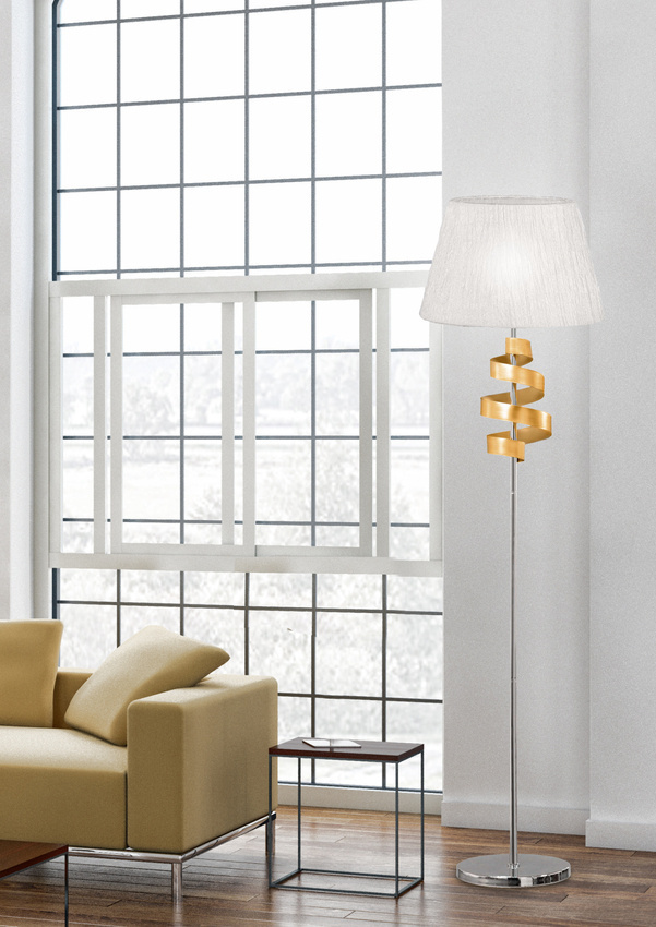 Złota lampa podłogowa do salonu DECANIS z materiałowym abażurem