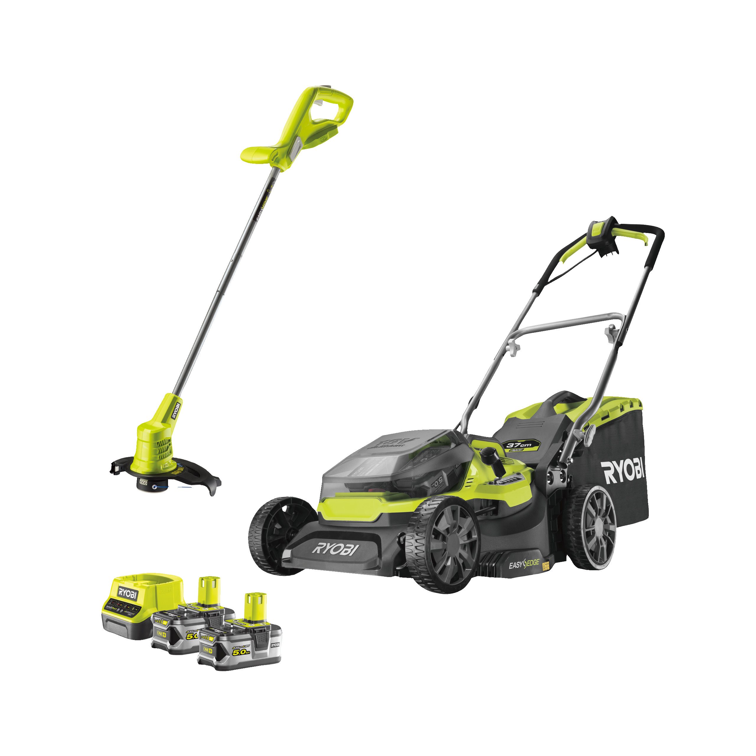Kosiarka 37cm hybrydowa 18V ONE+ w zestawie z podkaszarką 25cm i dwoma akumulatorami 5.0Ah