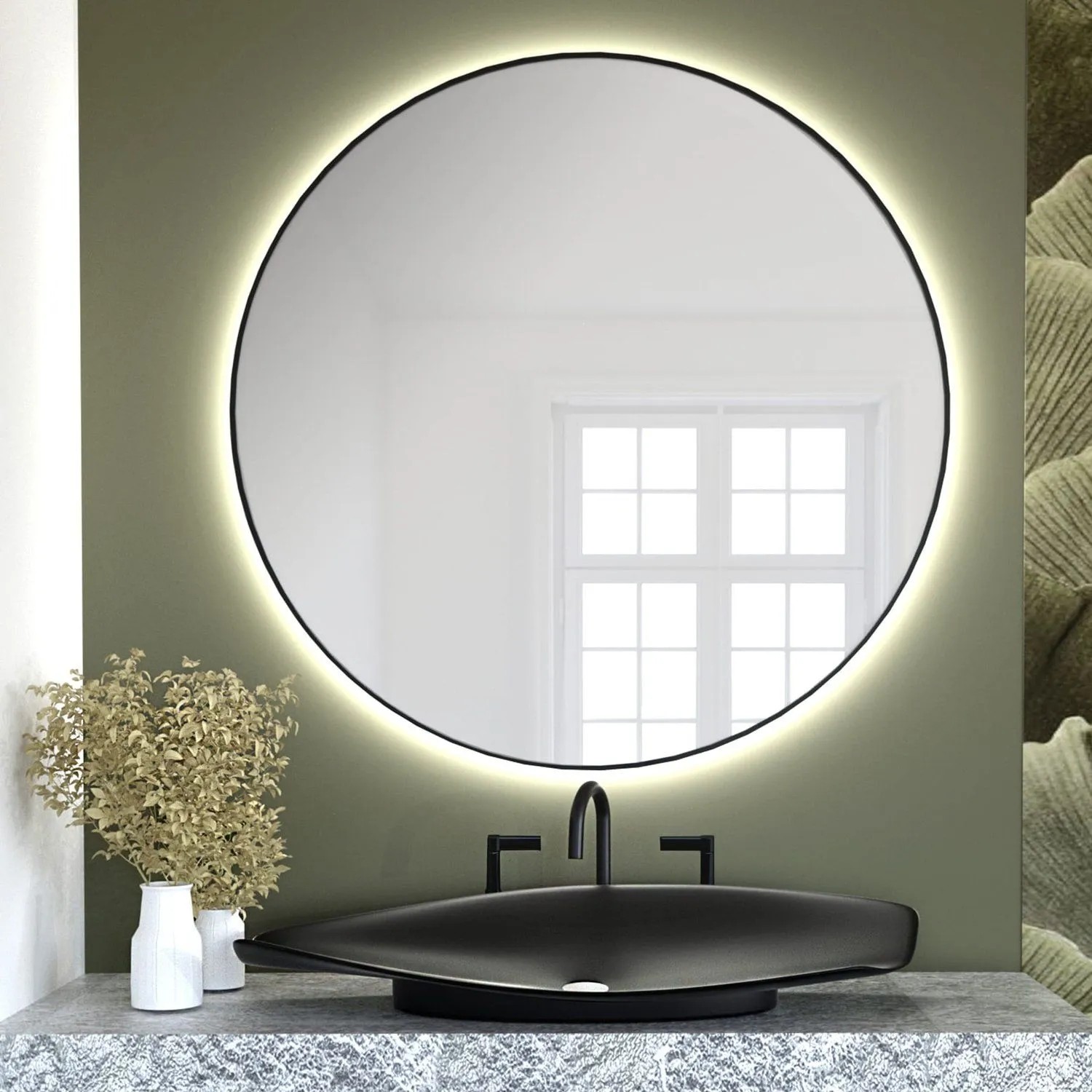 Lustro LED Bright Round Czarne Ciepłe 50x50 cm