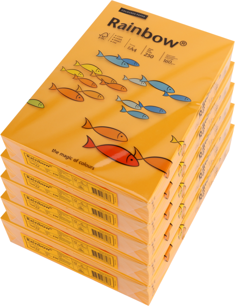 5x Papier kolorowy Rainbow, A4, 160g/m2, 250 arkuszy, pomarańczowy jasny (R22)