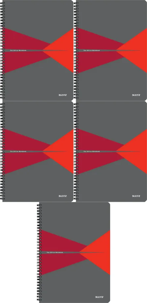 5x Kołonotatnik Leitz Office, A4, w kratkę, 90 kartek, okładka kartonowa, szaro-czerwony
