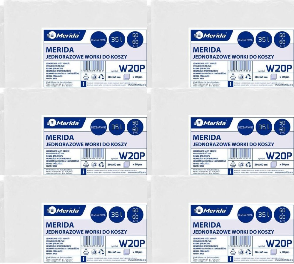 6x Worki na śmieci Merida, na odpady zmieszane, 35l, 50 sztuk, bezbarwny