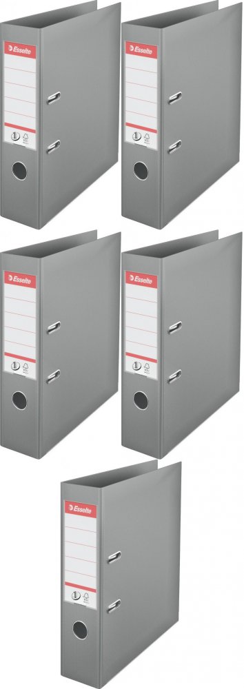 5x Segregator A4 Esselte No.1 Power, 75mm, do 500 kartek, 30% PP z recyklingu, szary
