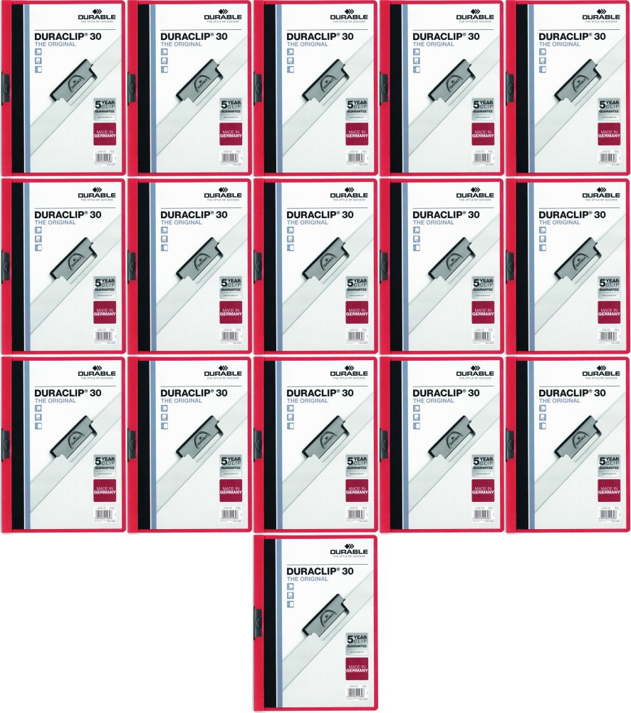 16x Skoroszyt plastikowy z klipsem Durable Duraclip, A4, do 30 kartek czerwony