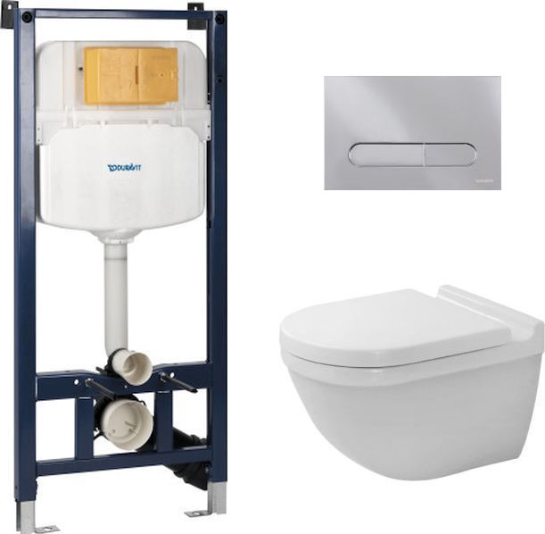 Zestaw Duravit DuraSystem stelaż podtynkowy z przyciskiem spłukującym chrom połysk i miską WC Rimless Starck 3 z deską ...