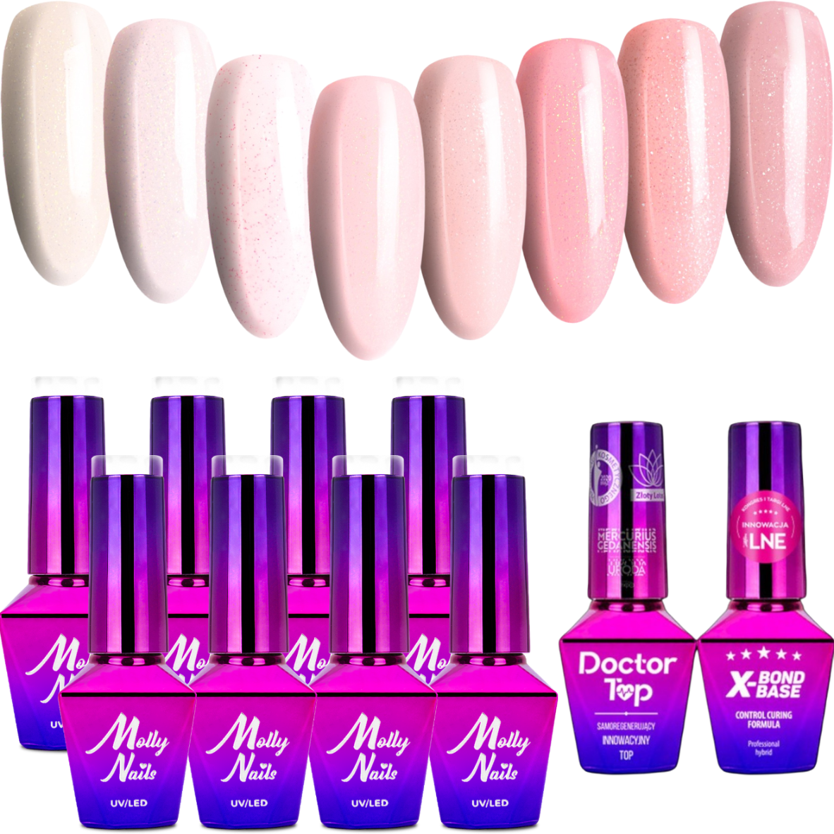 Zestaw 8 kolorów Molly Nails Madame French 8g + baza i top GRATIS (X-Bond Base, Doctor Top)