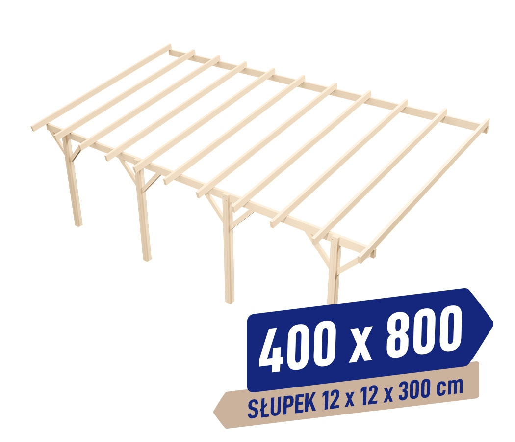 Wiata KVH Sucha Premium - 400 x 800 cm - słupki 12x12x300 cm garażowa przyścienna - zastrzał prosty